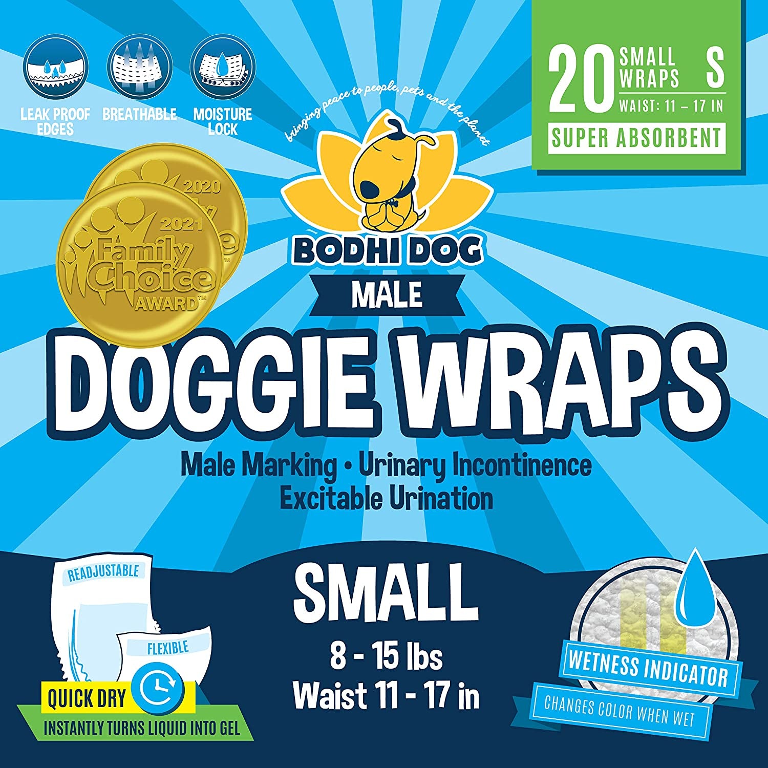 Disposable Male Dog Diapers | Super Absorbent Leak-Proof Fit | Premium Adjustable Male Dog Pee Wraps with Moisture Control & Wetness Indicator | 20 Count Small Size