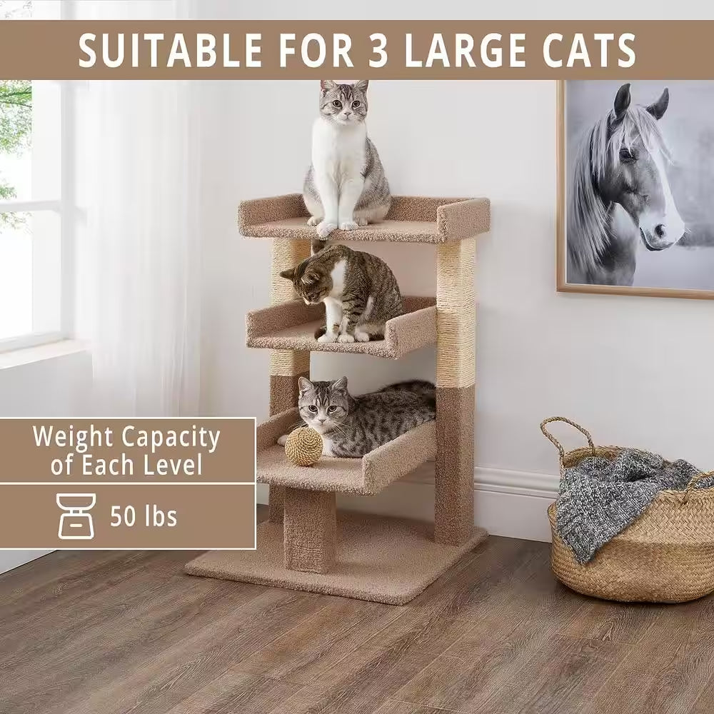 Beige Cat Tree for Large Cats, Cat Activity with Scratching Post, Cat Tower for Large Cats, 3 Level Cat Play Perch