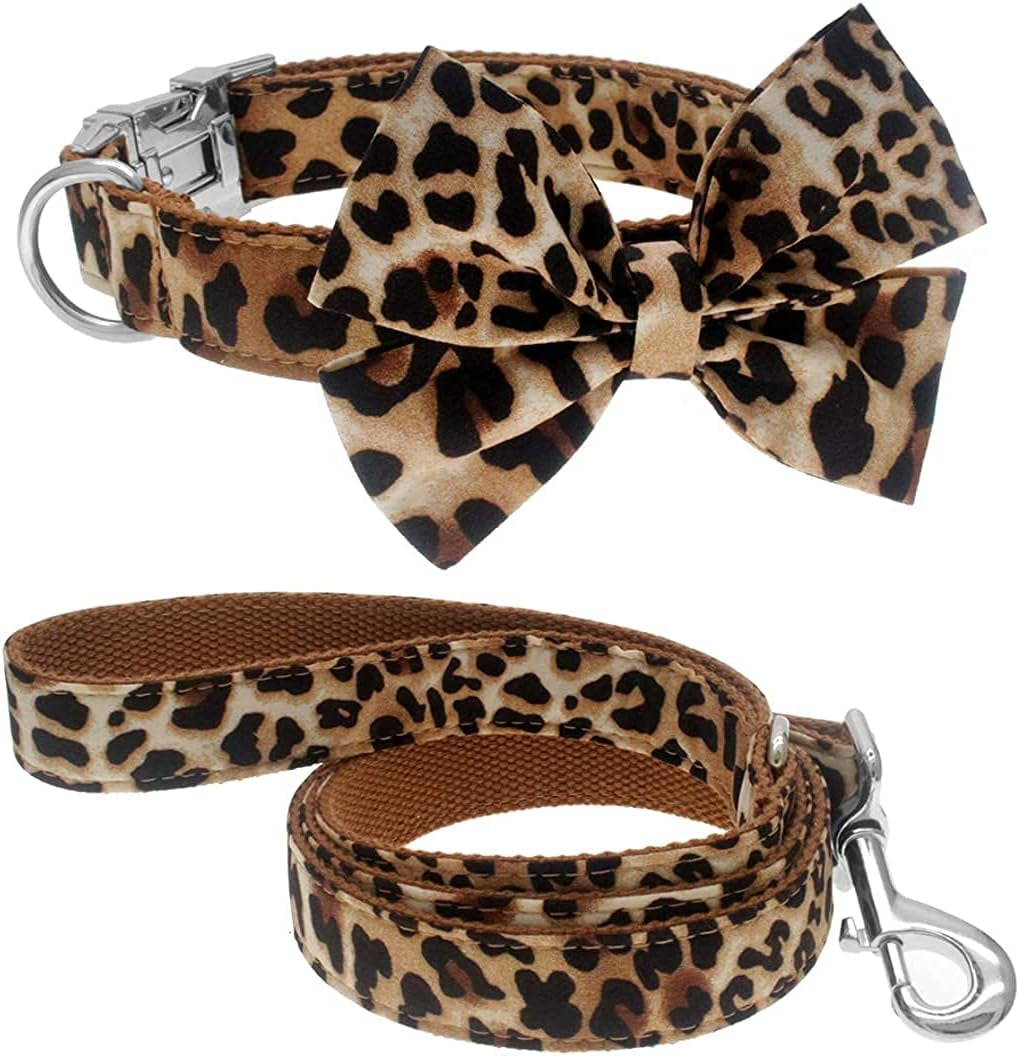 Dog Collar with Bow, Cotton & Webbing, Detachable Bowtie Dog Collar, Adjustable Dog Collars and Leash for Small Medium Large Dogs (S, Leopard Print)