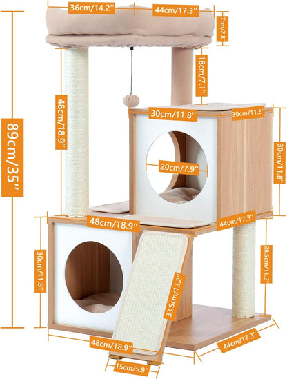 Cat Tree 35 Inches Wooden Cat Tower with Double Condos, Spacious Perch, Fully Wrapped Scratching Sisal Posts and Replaceable Dangling Balls-Walnut