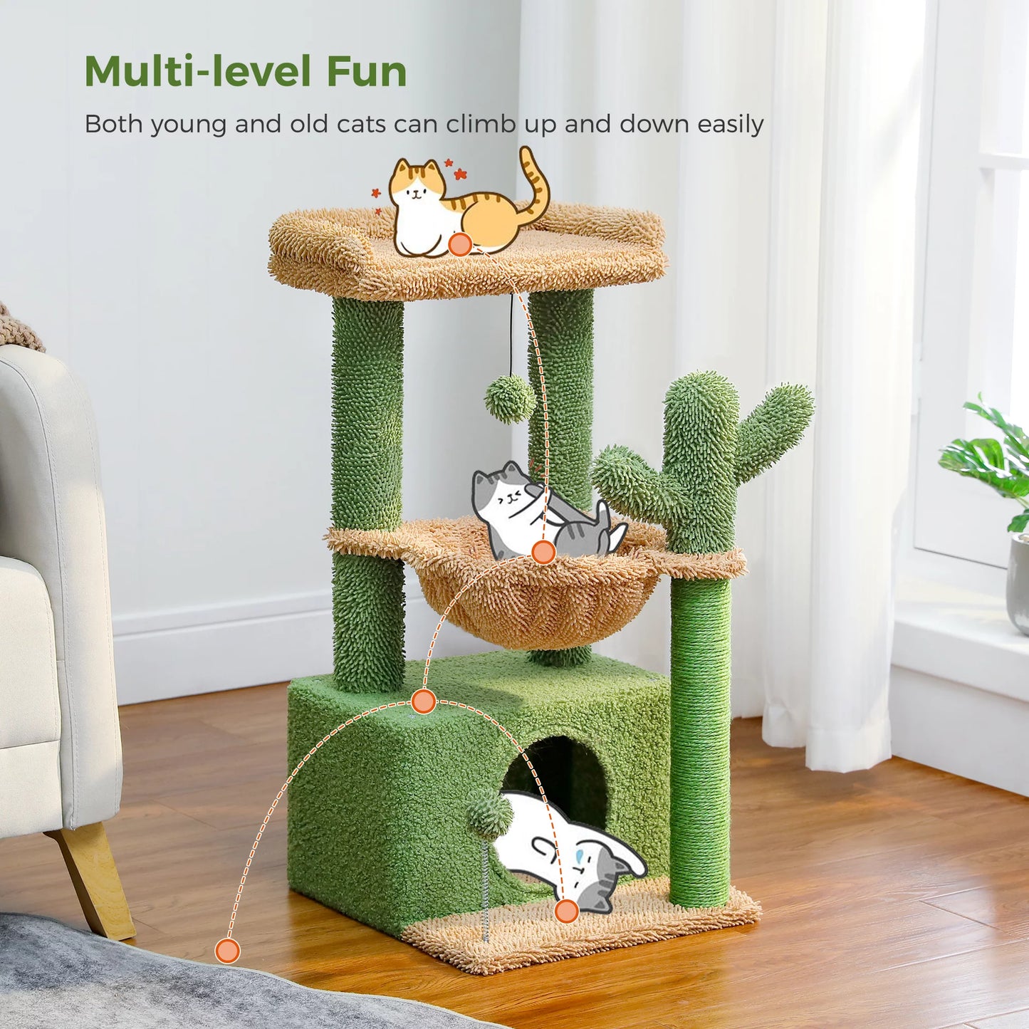 Cat Tree 33" Cute Flower Cat Scratching Posts Tower with Large Top Perch and Hammock for Medium Indoor Cats, Pink