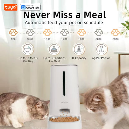 Wi-Fi Enabled 4L Pet Feeder for Cats and Dogs,App Control,Stainless Steel Bowls,Low Food Alarm,For Ipetmon/Tuya /Smart Lifeapp