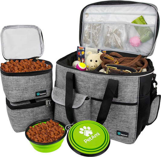 Dog Travel Bag | Airline Approved Tote Organizer with Multi-Function Pockets, Food Container Bag and Collapsible Bowl | Perfect Weekend Pet Travel Set for Dog, Cat (Grey, Large)