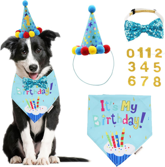 Dog Birthday Bandana Scarf and Dog Girl Boy Birthday Party Hat with Cute Dog Bow Tie Collar for Small Medium Dog Pet