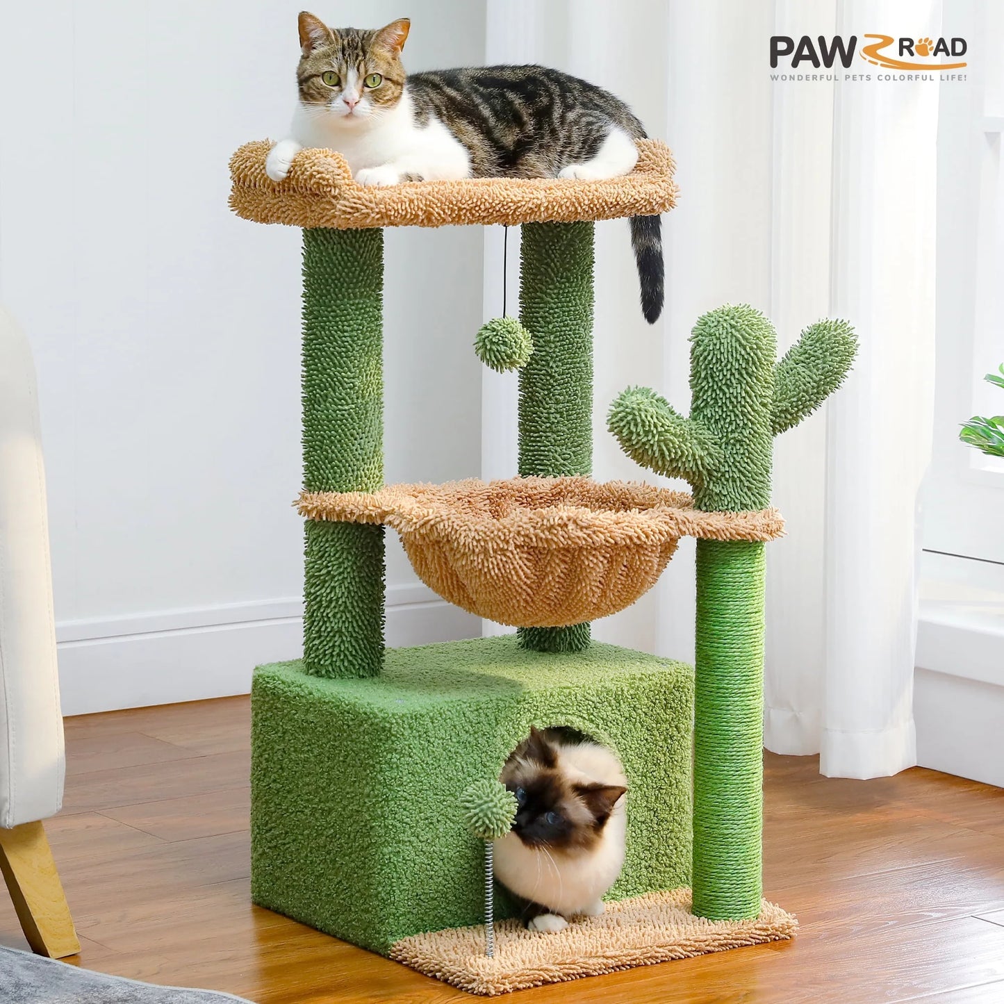 Cat Tree 33" Cute Flower Cat Scratching Posts Tower with Large Top Perch and Hammock for Medium Indoor Cats, Pink