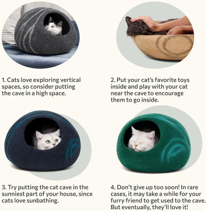 Premium Felt Cat Bed Cave - Handmade 100% Merino Wool Bed for Cats and Kittens (Light Shades) (Medium, Light Grey)